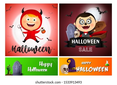 Halloween red banner set with devil, vampire. Halloween, October, trick or treat. Lettering can be used for greeting cards, invitations, announcements