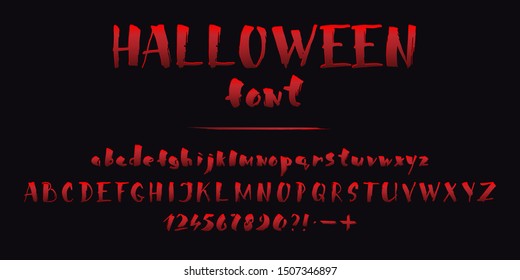 Halloween red blood vector font. Autumn holiday horror alphabet letters set on black background. Bloody smears creepy numbers and symbols. Spooky dirty dry paint hand drawn typeset
