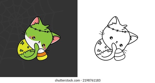 Halloween Red Cat Clipart Multicolored and Black and White. Beautiful Clip Art Halloween Kitty. Cute Vector Illustration of a Kawaii Halloween Animal in a Zombie Costume.
