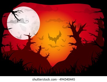 Halloween red colored poster with dead forest on hills at night. Vector background