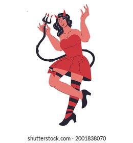 Halloween red devil girl cartoon character, vector illustration isolated on white background. Scary and beautiful witch woman for Halloween card or poster.