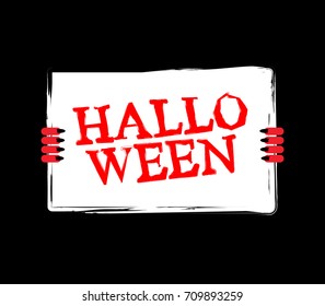 Halloween Red devil hand holding white sheet. Satan holds and signboard. Vector Illustration 
