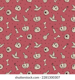 Halloween red festive seamless pattern  Endless background and pumpkins  hats  skulls  spiders  bones  candles   potions 
