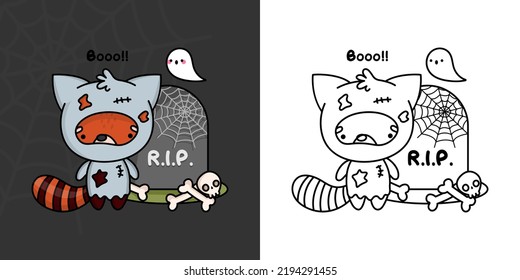 Halloween Red Panda Clipart Multicolored and Black and White. Beautiful Clip Art Halloween Animal. Cute Vector Illustration of a Kawaii Halloween Animals in a Ghost Costume.
