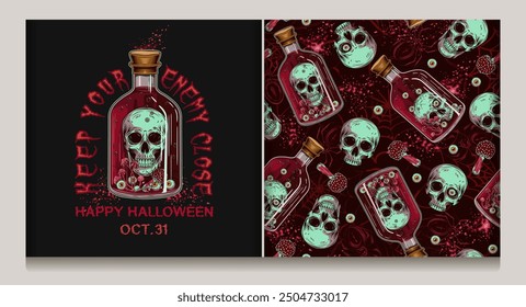 Halloween red pattern, label with glass bottle of poison with human skull. Splattered blood, silhouette of spiders, spiderweb behind. Witchy, mystical, surreal illustration. Not AI