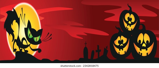 Halloween red scary night horizontal vector poster