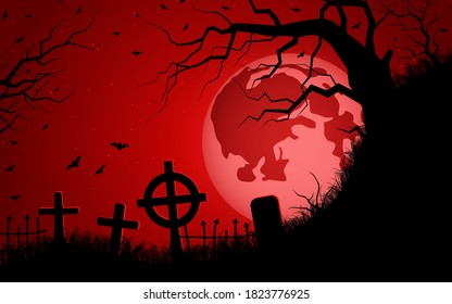 Halloween red scary night vector background. Dead tree, old cemetery and bats illustration