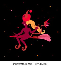 Halloween, red wizard flying on a broomstick.