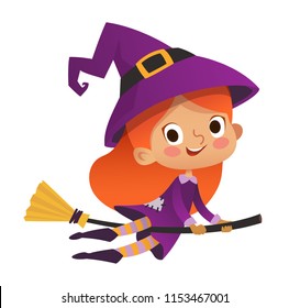 Halloween redhead flying little witch. Girl kid in halloween costume flying over the moon. Retro vintage. Isolated