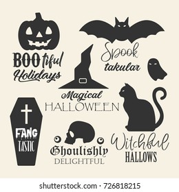 Halloween related holiday labels, badges. Greeting card typography vector design elements with quotes. Pumpkin, witch hat, cat, skull, bat, coffin silhouette icons.