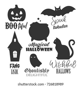 Halloween related holiday labels, badges. Greeting card typography vector design elements with quotes. Pumpkin, cauldron, cat, ghost, bat, house silhouette icons.