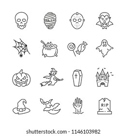 Halloween related icons: thin vector icon set, black and white kit