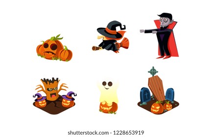 Halloween related objects and creatures set, zombie, scary pumpkin, witch on broomstick, ghost, cemetery, user interface assets for mobile apps or video games vector Illustration