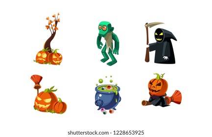 Halloween related objects and creatures set, zombie, scary pumpkin, death with scythe, cauldron of potion, user interface assets for mobile apps or video games vector Illustration