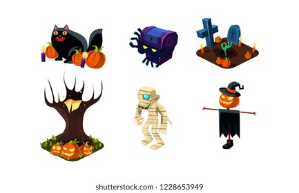 Halloween related objects and creatures set, user interface assets for mobile apps or video games vector Illustration on a white background