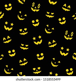 halloween related pattern with black background and pumpkin faces in various style and different theme 