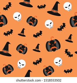 halloween related patterns with black and orange pumpkin, witch hat, skull and bats in solid style 