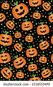 halloween related random pumpmkin pattern in different shapes and faces with black background