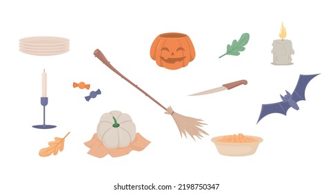 Halloween related semi flat color vector objects set. Editable elements. Full sized item on white. Autumn holidays simple cartoon style illustrations pack for web graphic design and animation