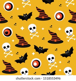 halloween related skull, witch hat, bats, spider and devils eye pattern with yellow background