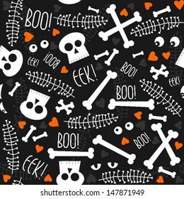 halloween related skulls bones eyes hearts and leaves on dark background seamless pattern 