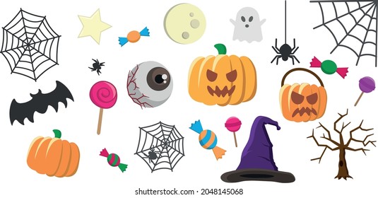 Halloween related spooky icon set, trick or treat, designs such as carved scary pumpkins and candy, witch's hat, moon, spider's web, eyeball and bats.