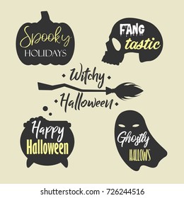 Halloween related vector badges and labels, greeting card designs elements, typography. Spooky holidays, fang-tastic, happy Halloween, ghostly hallows quotes.