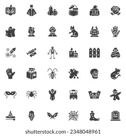 Halloween related vector icons set, modern solid symbol collection, filled style pictogram pack. Signs, logo illustration. Set includes icons as Pumpkins, Zombie, Vampire, Ghost, Spider web, Scarecrow