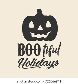 Halloween related vector lettering typography greeting card or scrapbook design element with pumpkin silhouette.