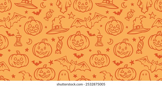 Patrón de repetición de Halloween, Fondo de pantalla de ilustración de dibujos animados naranja Anuncio de ilustración de doodle lindo, azulejo de fondo de Vector repetido sin costura