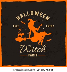 Halloween retro banner with witch silhouette flying on broom with cat and bats. Vector Halloween holiday horror night trick or treat party grunge poster or invitation card with magic characters