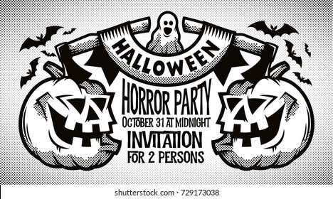 Halloween retro black-and-white invitation, card with pumpkins, axes, ribbon and inscriptions. Halftone vector illustration.