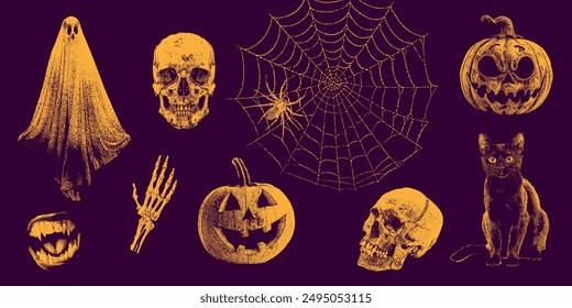 Halloween retro collection of photocopy halftone elements in Y2K aesthetic. Pumpkin, skull, ghost, spider on the web, cat, vampire mouth with grain effect and stippling. Vector dots illustration.