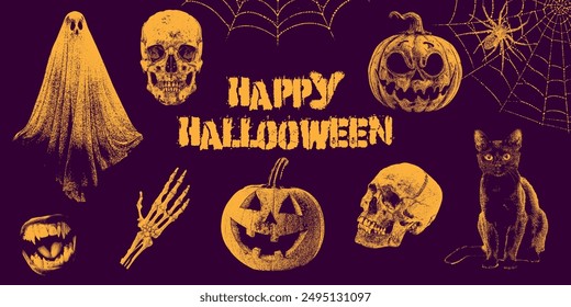 Halloween retro collection of photocopy halftone elements in Y2K aesthetic. Pumpkin, skull, ghost, spider on the web, cat, vampire mouth with grain effect and stippling. Vector dots illustration.