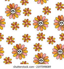Halloween retro daisy flowers seamless pattern. Psychedelic daisy flowers halloween seamless white background.