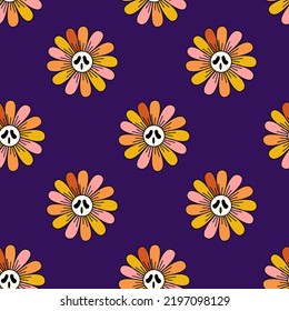 Halloween retro daisy flowers seamless pattern.  Psychedelic halloween seamless dark background.