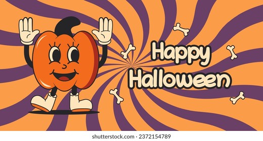 Halloween retro event banner with funny groovy mascots. Fall season. Pumpkin, bones. print template. Vector vintage cartoon style illustrations. 70s 60s