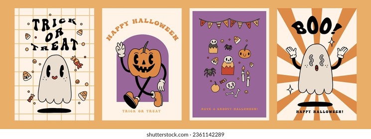 Halloween retro event poster set with funny groovy mascots. A4 format party card for Fall season. Pumpkin, ghost, scull. Groovy autumn poster print template. Vector vintage cartoon style illustrations