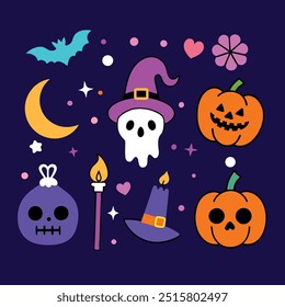 Halloween Retro Blumendesign mit gespenstischen Kürbissen und Hexenillustrationen für festliche Dekoration