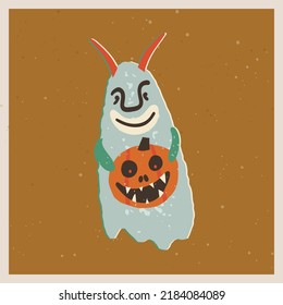Halloween retro greeting card, poster. Creepy odd horned devil ghost holding a spooky pumpkin with a creepy smile and burning red eyes. Vector hand-drawn illustration.