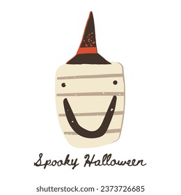 Halloween retro greeting card, poster. A cute spooky wicked mummy in a witch hat smiles. Vector hand-drawn illustration.