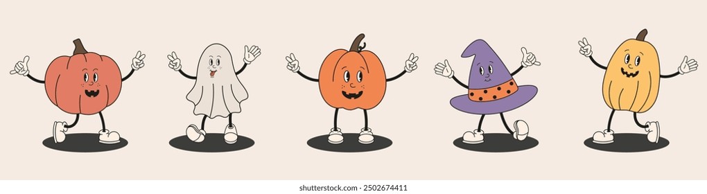 Halloween retro groovy characters collection. Cute funny Mascot personage. Groovy Hippy Halloween pumpkin, spooky ghost, witch hat in different poses for card, banner, poster, party invitation.