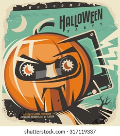 Halloween retro invitation concept. Vintage poster design with pumpkin head and music tape.