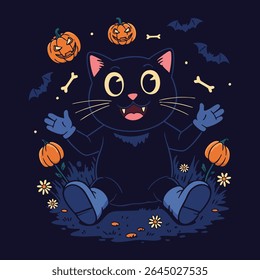 Halloween retro mascot-style cat night mood illustration