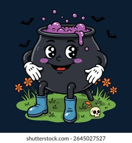 Halloween retro mascote estilo caldeirão noite humor ilustração