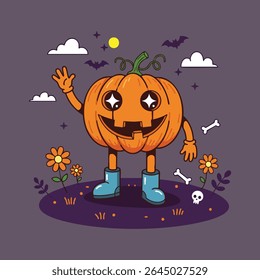 Halloween retro mascot-style jack-o'-lantern night mood illustration