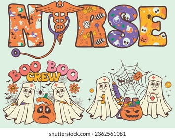 Halloween Retro Nurse Boo Boo Crew Ghost Nurses Graphic Elements for Halloween T-shirts and Designs Set with Retro Pumpkins