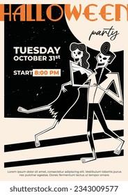 Halloween retro party flyer. Retro skeleton pair man and woman characters in style of 60's-70's. Day of the Dead concept skeleton characters.