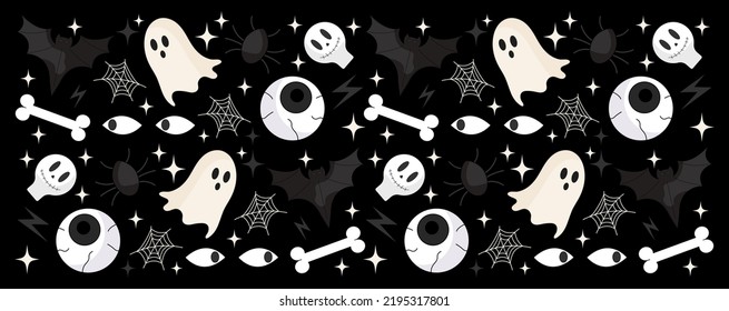 halloween retro pattern. eye, ghost, coffin, bat, bones, spider. holiday background for packaging print.