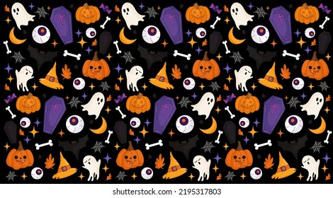 halloween retro pattern. pumpkin, ghost, coffin, bat, witch hat. holiday background for packaging print.